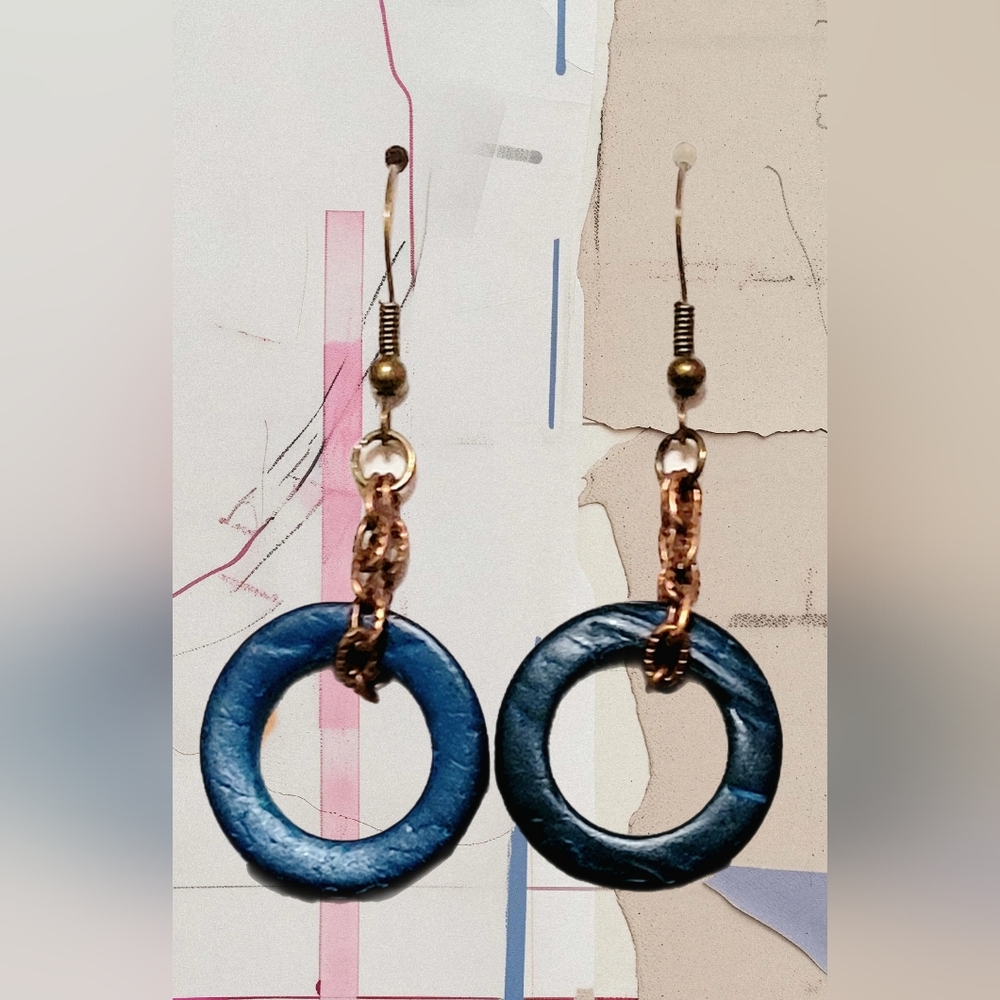 Blue Wood Hoop and Copper Chain Dangle Earrings